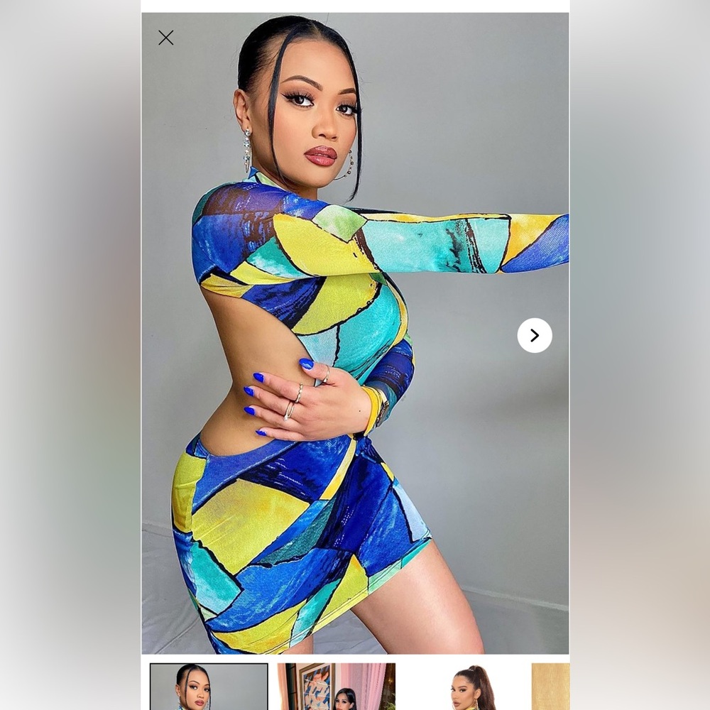 Fashion Nova Blue and Yellow Asymmetrical Bodycon Dress